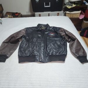 VINTAGE LIFE MEMBERS EUC MENS SZ L LEATHER NORTH AMERICAN FISHING BOMBER JACKET